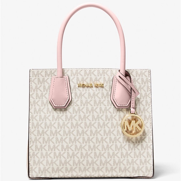 MICHAEL KORS Mercer Medium Logo and Leather Accordion Crossbody Bag - Pink/Cream - Picture 1 of 3